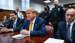 Donald Trump sits next to his attorneys Todd Blanche and Emil Bove during the former president's criminal hush-money trial in Manhattan.Craig Ruttle - Pool/Getty Images