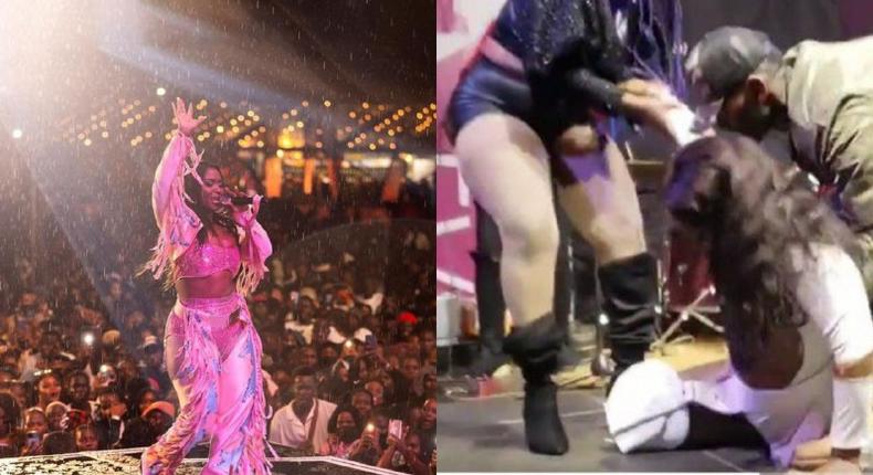 Winnie Nwagi. On the right is a screengrab from the video about her falling down.