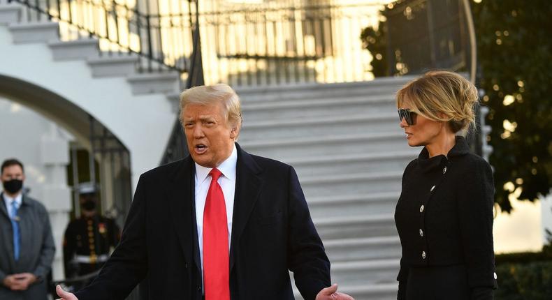 Former President Donald Trump and former first lady Melania Trump speak to the media before they depart the White House in Washington, DC, on January 20, 2021.