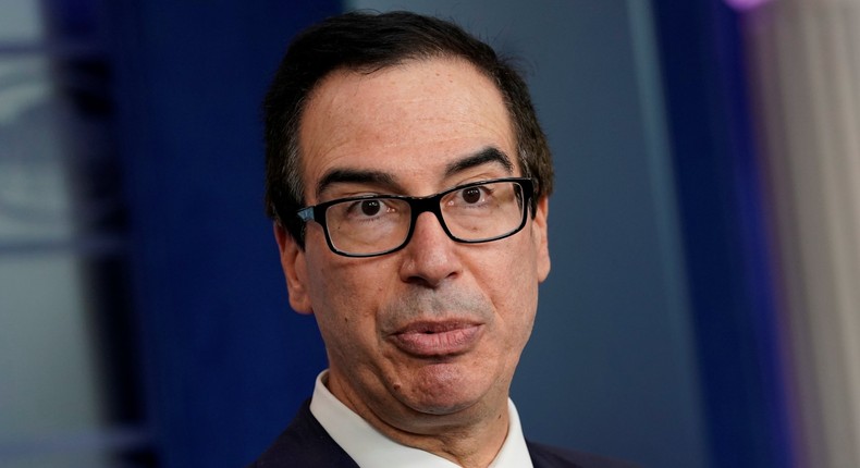 FILE PHOTO: U.S. Treasury Secretary Steve Mnuchin speaks about sanctions against Turkey at a news briefing at the White House in Washington, U.S., October 11, 2019. REUTERS/Yuri Gripas/File Photo