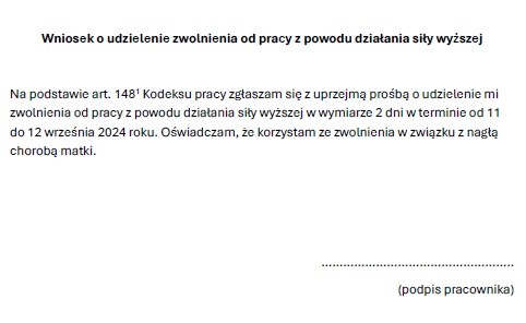 Wzór wniosku o zwolnienie od pracy z powodu siły wyższej - podstawa prawna