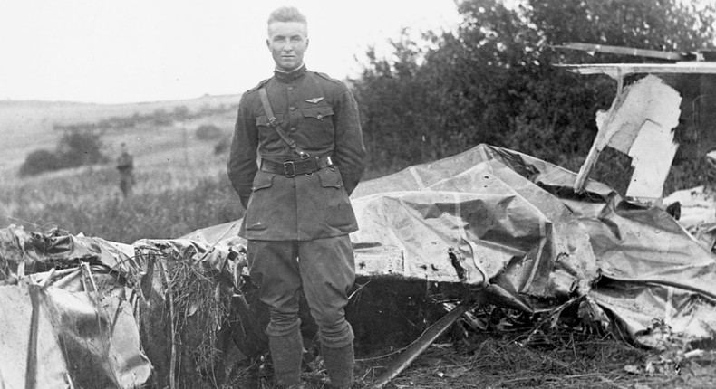 Lt. Frank Luke (standing next to the wreckage of a recent hit) is in a spirited race with Lt. Eddie Rickenbacker for the honor of being called the ACE of the American fliers overseas. Lt. Luke brought down three German observation balloons in thirty five minutes. 1918.CORBIS/Corbis via Getty Images