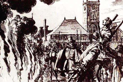 The burning of a 16th century Dutch Anabaptist as a heretic or witch.