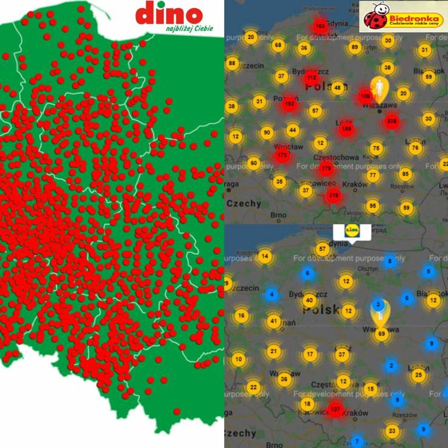 Rozmieszczenie w Polsce sieci sklepów Dino, Biedronka i Lidl