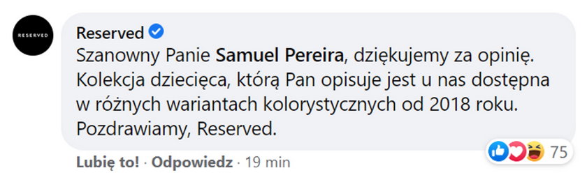 Po chwili Pereirze odpowiedziała marka Reserved.