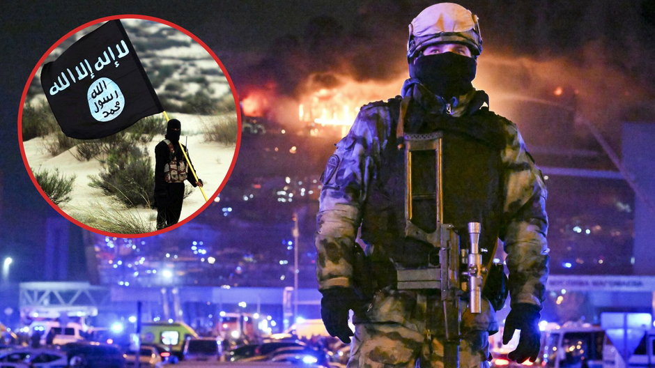 Terrorysta z flagą ISIS oraz funkcjonariusz Rosgwardii przed płonącym budynkiem sali koncertowej Crocus City Hall na obrzeżach Moskwy