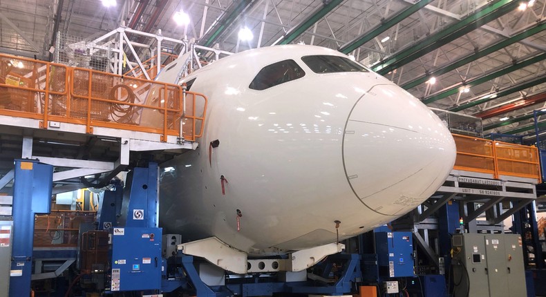 Boeing 787 Dreamliners are built at the aviation company's North Charleston, South Carolina, assembly plant on May 30, 2023. TJULIETTE MICHEL/AFP via Getty Images