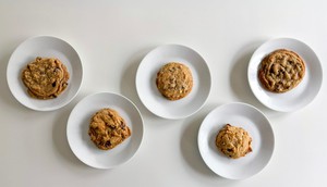 I made cookies using different egg substitutes for baking. From left to right, cookies made with: flaxseed, egg replacer, applesauce, yogurt, aquafaba.Paige Bennett