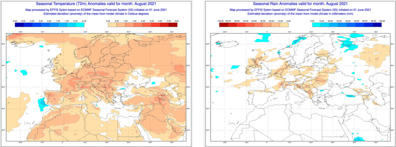 Prognoza odchylenia temperatury i opadów od średniej w sierpniu - również ten miesiąc może być ciepły i suchy