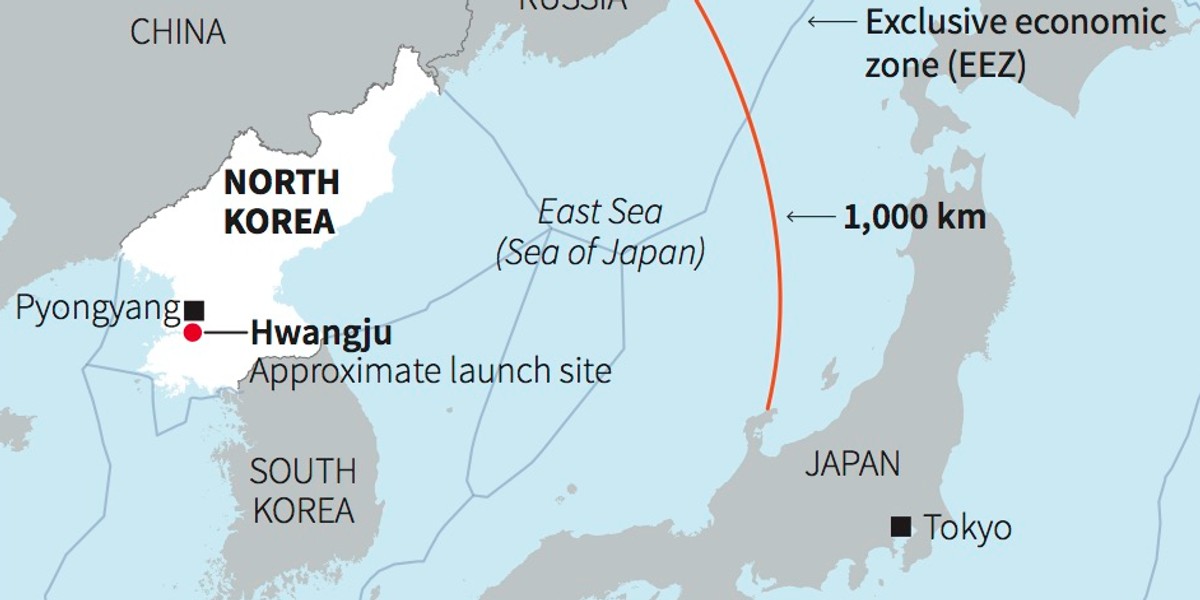 North Korea's first missile that landed in or near Japanese-controlled waters.