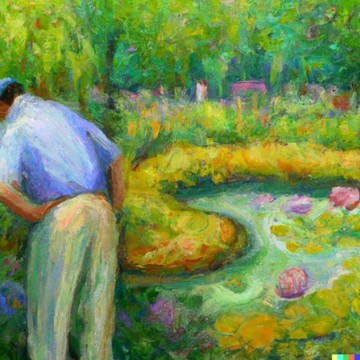 Claude Monet stílusában alkotott úr sem tudja a gyönyörű tájképet élvezni.