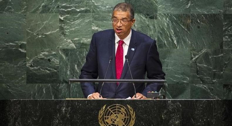 Benin's Prime Minister Lionel Zinsou addresses attendees during the 70th session of the United Nations General Assembly at the U.N. Headquarters in New York, September 30, 2015.  REUTERS/Eduardo Munoz