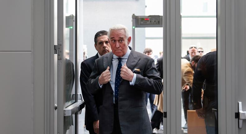 WASHINGTON, DC - DECEMBER 17: Roger Stone, a former adviser and confidante to former U.S. President Donald Trump, arrives to the Thomas P. O'Neill Jr. Federal Building for a deposition before the House Select Committee investigating the January 6th Attack on the United States Capitol on December 17, 2021 in Washington, DC. Stone, who was pardoned by President Trump before leaving office, is set to plead the Fifth Amendment when he appears before the committee.