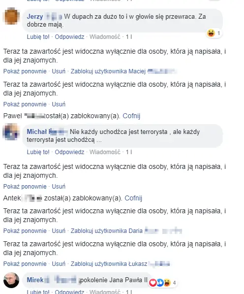 Tak wygląda lista banów po przykładowym tekście na temat uchodźców