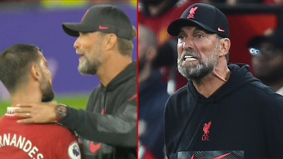 Liverpool boss Jurgen Klopp had an intense but quick chat with Manchester United midfielder Bruno Fernandes at full-time