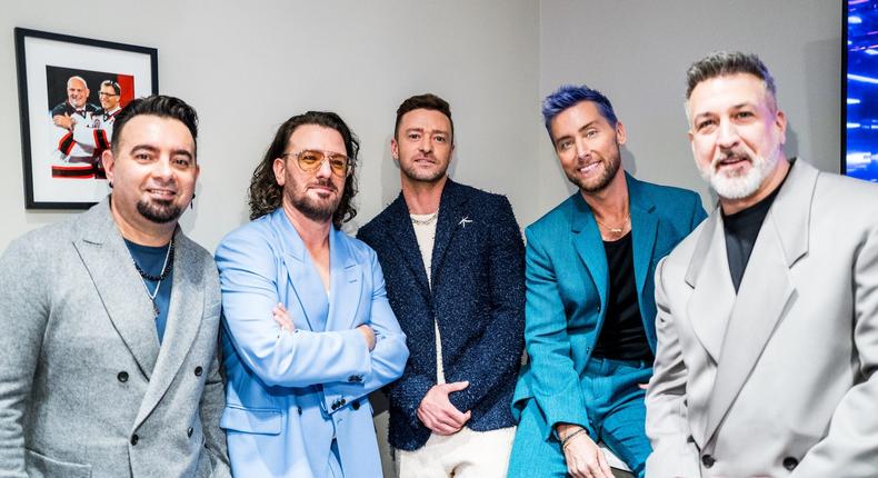 Chris Kirkpatrick, JC Chasez, Justin Timberlake, Lance Bass and Joey Fatone of NSYNC seen backstage during the 2023 Video Music Awards.John Shearer / Getty Images for MTV