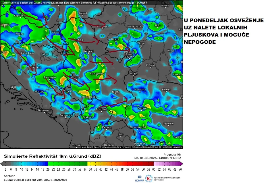 Osveženje stiže u ponedeljak, moguće su nepogode