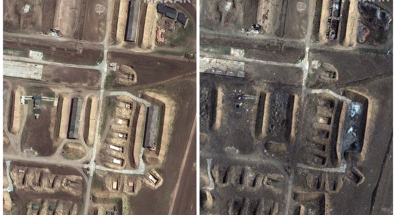 A composite satellite image shows the Tikhoretsk ammunition dept on September 14 (left) and September 22 (right) after it was struck.Satellite image 2024 Maxar Technologies.