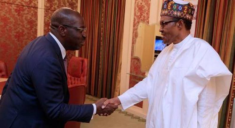 Governor Godwin Obaseki (left) also praised President Muhammadu Buhari (right) for fostering the correct atmosphere for a free and fair election in Edo [Presidency]