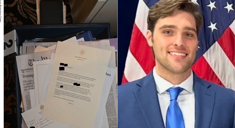 An evidence photo from the Mar-a-Lago classified documents case shows a letter Donald Trump sent JT Lewis, right, in 2018.DOJ/JT Lewis