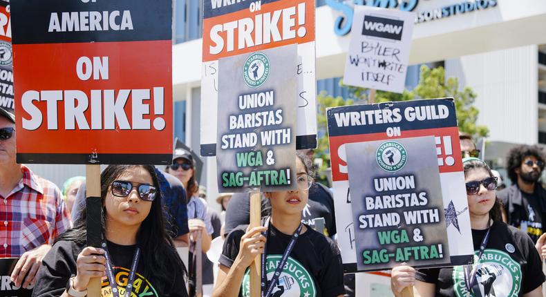 Starbucks union members join Screen Actors Guild - American Federation of Television and Radio Artists (SAG-AFTRA) and Writers Guild of America (WGA) union members on the picket line.Katie McTiernan/Anadolu Agency via Getty Image