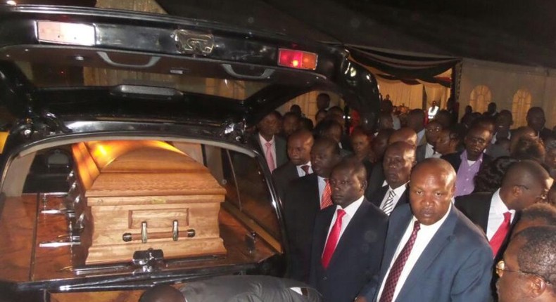 The casket bearing the late Ndreritu Gachagua is received by various leaders at JKIA, March 2, 2017. 