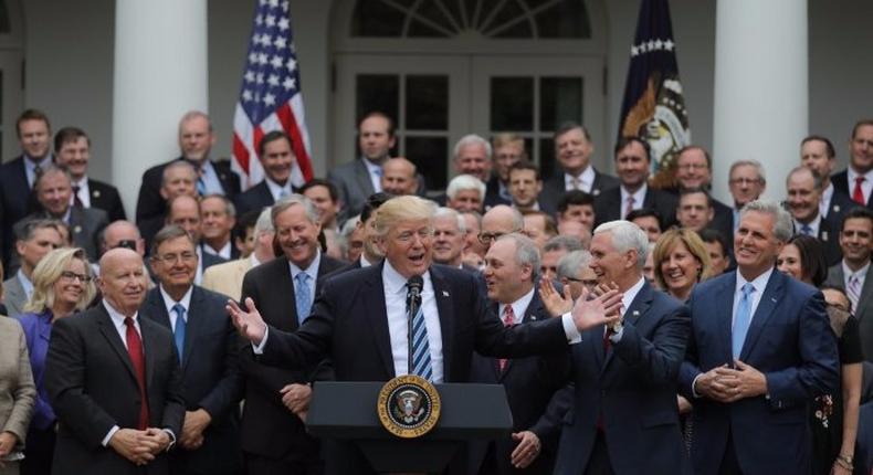 U.S. President Trump gathers with Republican House members after healthcare bill vote at the White House in Washington