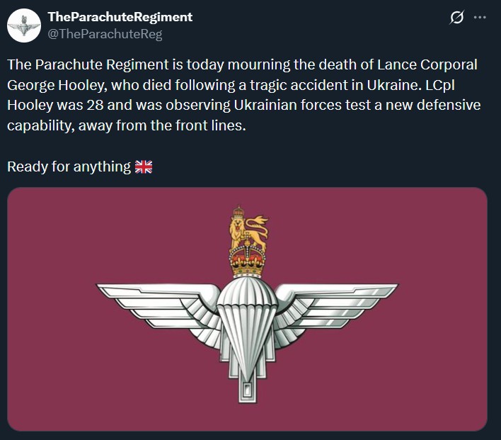 Kondolencje ze strony jednostki w której służył brytyjski żołnierz.