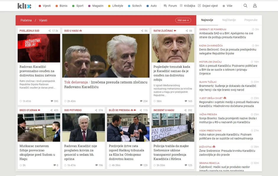Klix.ba je veliki deo naslovne strane posvetio tekstovima o Karadžiću