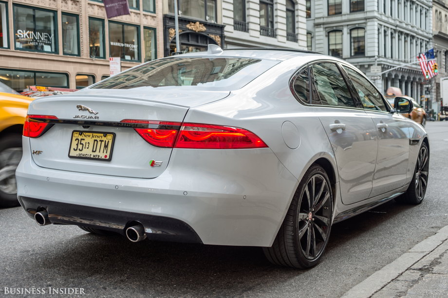 The rear end of the XF is distinguished by the car's dual exhausts and integrated spoiler. According to Callum, the rear end design of modern cars, such as the X, is dictated more by aerodynamics than styling.