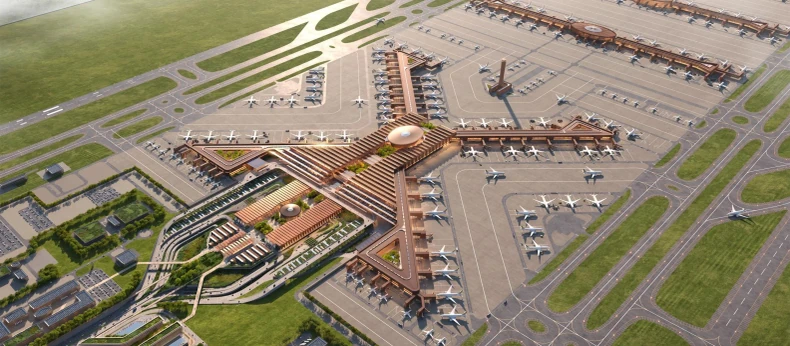 An exterior view of Zaha Hadid Architects’ planned Ethiopian airport, designed to handle 110 million passengers and park 270 aircraft.