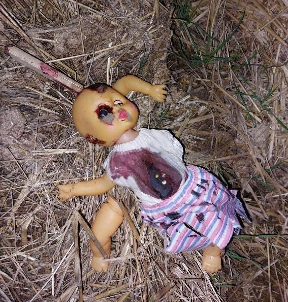 Krwawa lalka znaleziona przez rodziców na hałdzie obornika