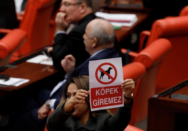 AK Party MP Enc holds a banner, which reads dogs are not allowed, to protest an unidentified membe