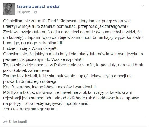 Screen z Facebooka Izabeli Janachowskiej
