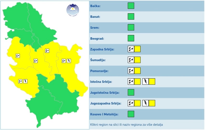 "Žuti" RHMZ metealarm za sredu 9. jul