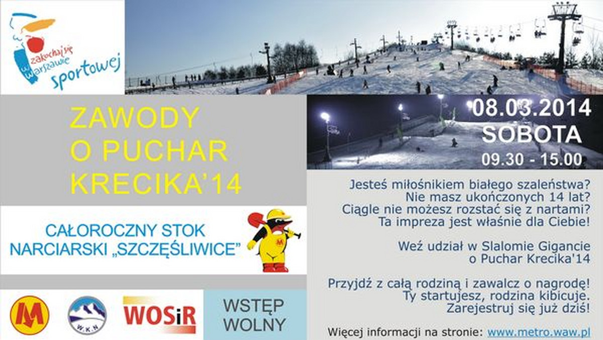 To będzie narciarski slalom gigant. Rozegrany zostanie na terenie Całorocznego Stoku Narciarskiego Szczęśliwice w Warszawie, w ramach pierwszej edycji Zawodów o Puchar Krecika. Właśnie ruszyły zapisy. Podpowiadamy, kto może wziąć udział w imprezie.