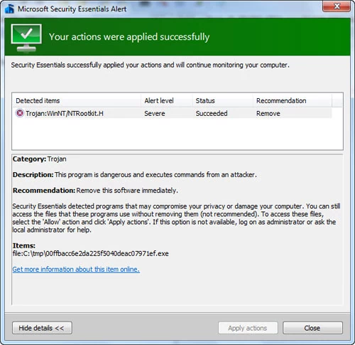 Microsoft Security Essentials 2.0 beta - informacja o usunięciu zagrożenia