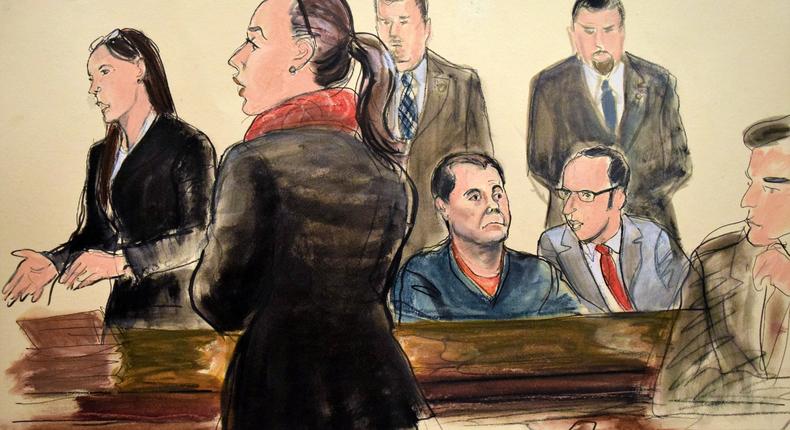 Guzman, seated center, in a drawing of a federal-court appearance in Brooklyn, February 3, 2017.