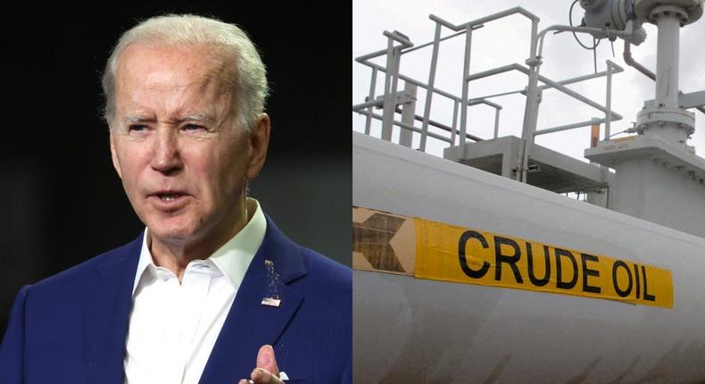 Joe Biden (left) and a maze of crude oil pipes and valves at the Strategic Petroleum Reserve in Freeport, Texas.
