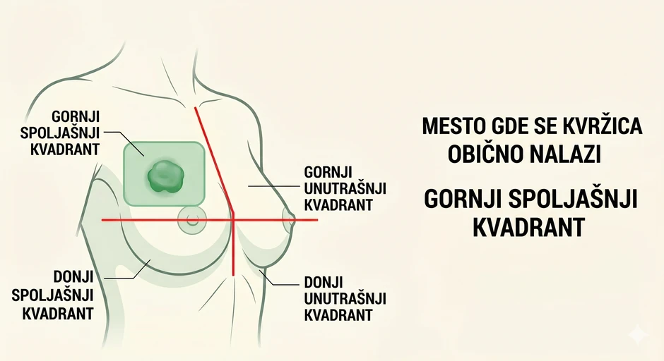 Gornji spoljašnji kvadrant dojke je najčešće mesto gde se nalazi maligna kvržica