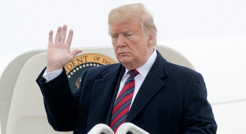 President Donald Trump arrives at Andrews Air Force Base, Md., Saturday, Jan. 19, 2019, to travel back to Washington after attending the casualty return at Dover Air Force Base, Del. for the remains of four Americans killed in a suicide bomb attack in Syria. (AP Photo/Andrew Harnik)