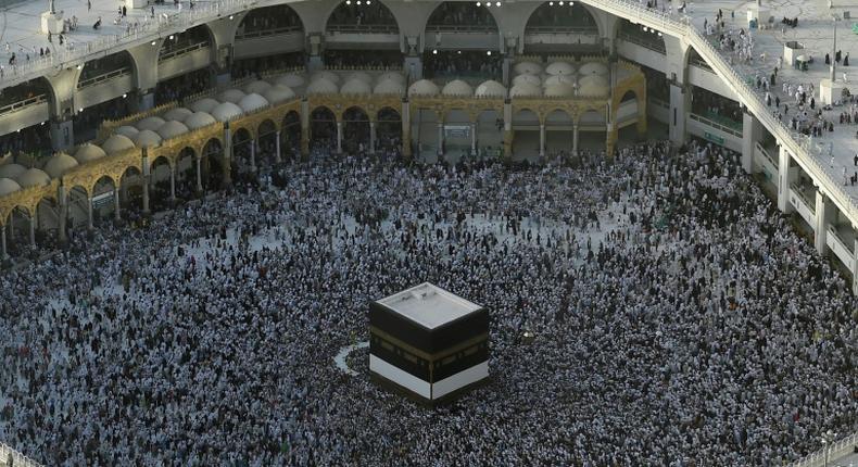 Muslim pilgrims gather in August 2019 around the Kaaba, Islam's holiest shrine, at the Grand Mosque in Saudi Arabia's holy city of Mecca prior to the start of last year's hajj pilgrimage