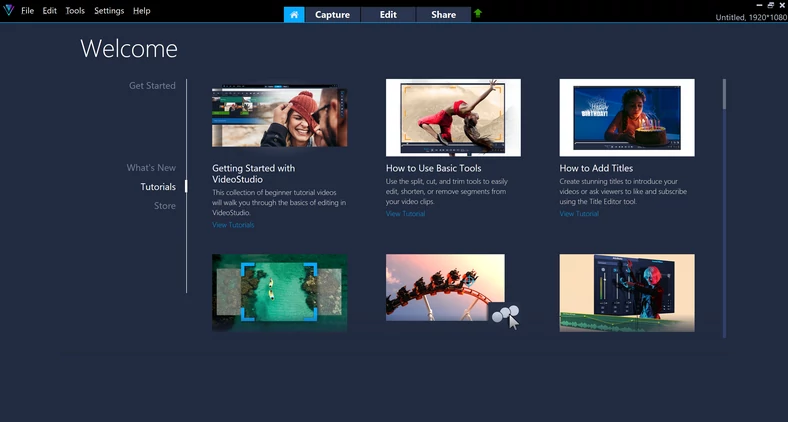 Ekran początkowy Corel VideoStudio zapewnia szybki dostęp do materiałów szkoleniowych