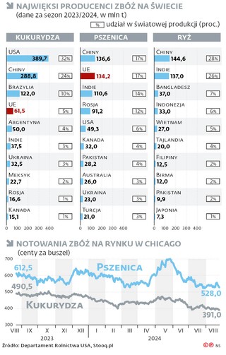 Najwięksi producenci zbóż na świecie (dane za sezon 2023/2024, w mln t)