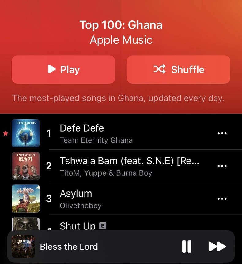 Defe Defe currently holding the number one spot on Ghana's Apple Music Top 100 chart