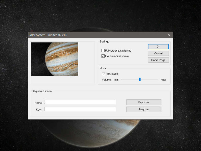 Okno ustawień wygaszacza ekranowego - Solar System - Jupiter 3D Screensaver