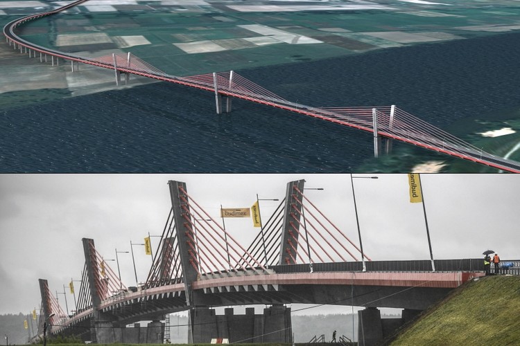 Most w Kwidzynie: wizualizacja (góra) oraz stan na dzień otwarcia 26 lipca 2013. Fot. Transprojekt Gdański sp.z o.o./Agencja Gazeta