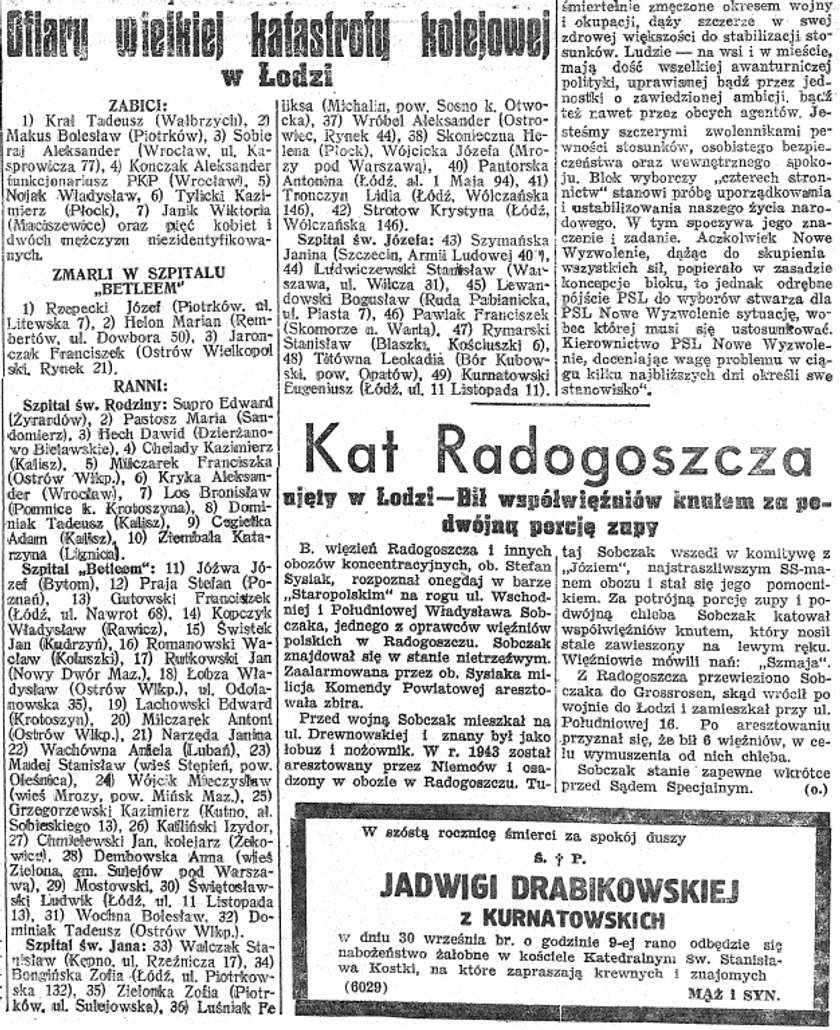 Lista ofiar i ciężko rannych. Obok nazwisk podawano adres zamieszkania