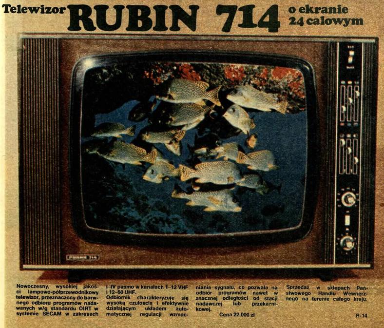 Wycinek artykuły z magazynu "Stolica" (nr 45 z 1977 r.), w którym pokazano telewizor Rubin-714p produkowany wówczas w Polsce