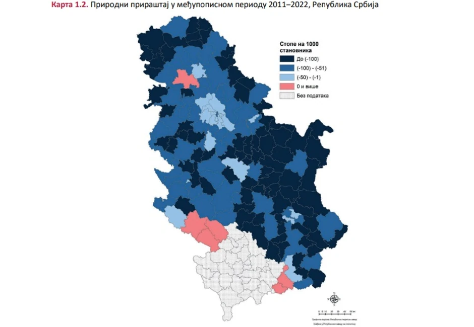 Mapa koja prikazuje prirodni priraštaj u Srbiji: Najgora situacija u opštinama obeleženim tamnoplavom bojom